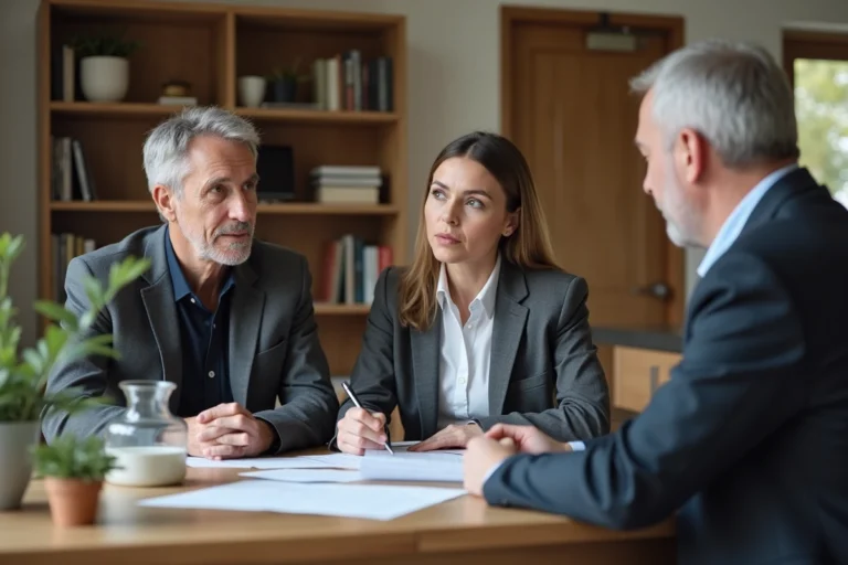 Agent immobilier avec couple dans maison chaleureuse