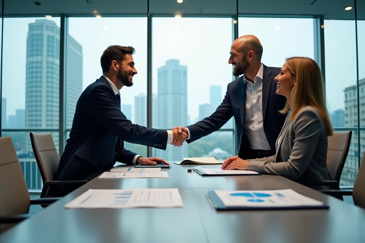 Deux associés signant un accord commercial dans une salle de réunion d'une PME parisienne