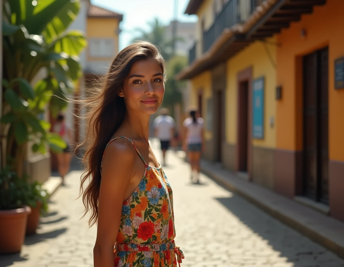 Jeune femme brésilienne souriante en robe fleurie devant un marché coloré de Rio de Janeiro