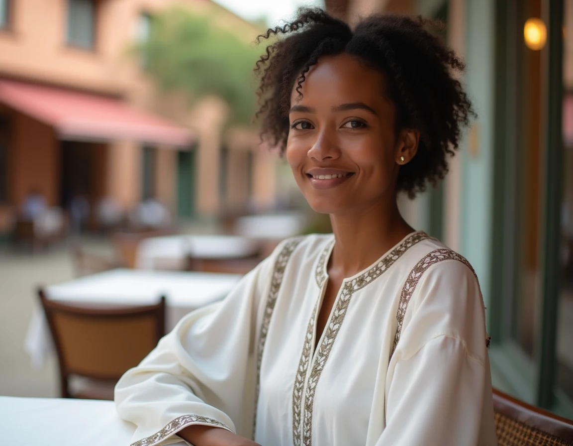 Femme éthiopienne en tenue traditionnelle habesha assise à une terrasse de café à Addis Abeba