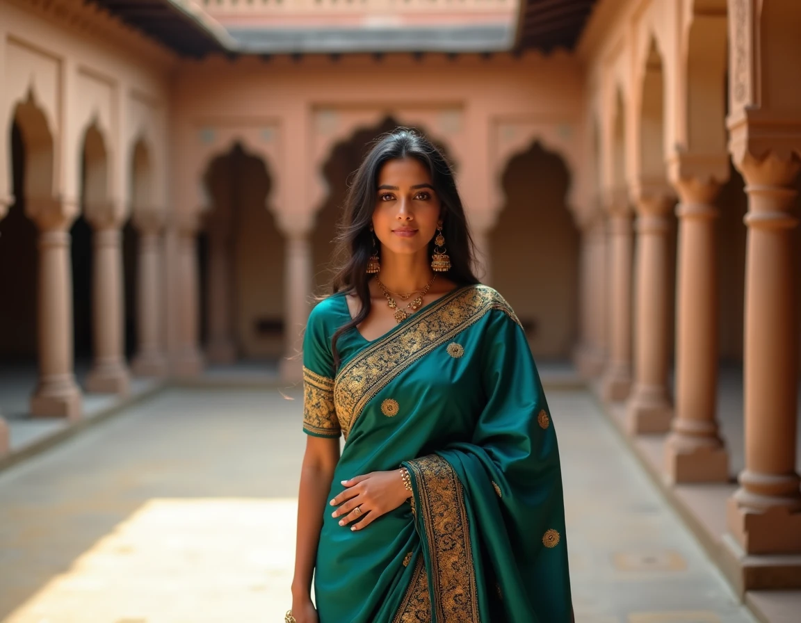 Femme indienne en sari brodé dans la cour d'un haveli traditionnel du Rajasthan