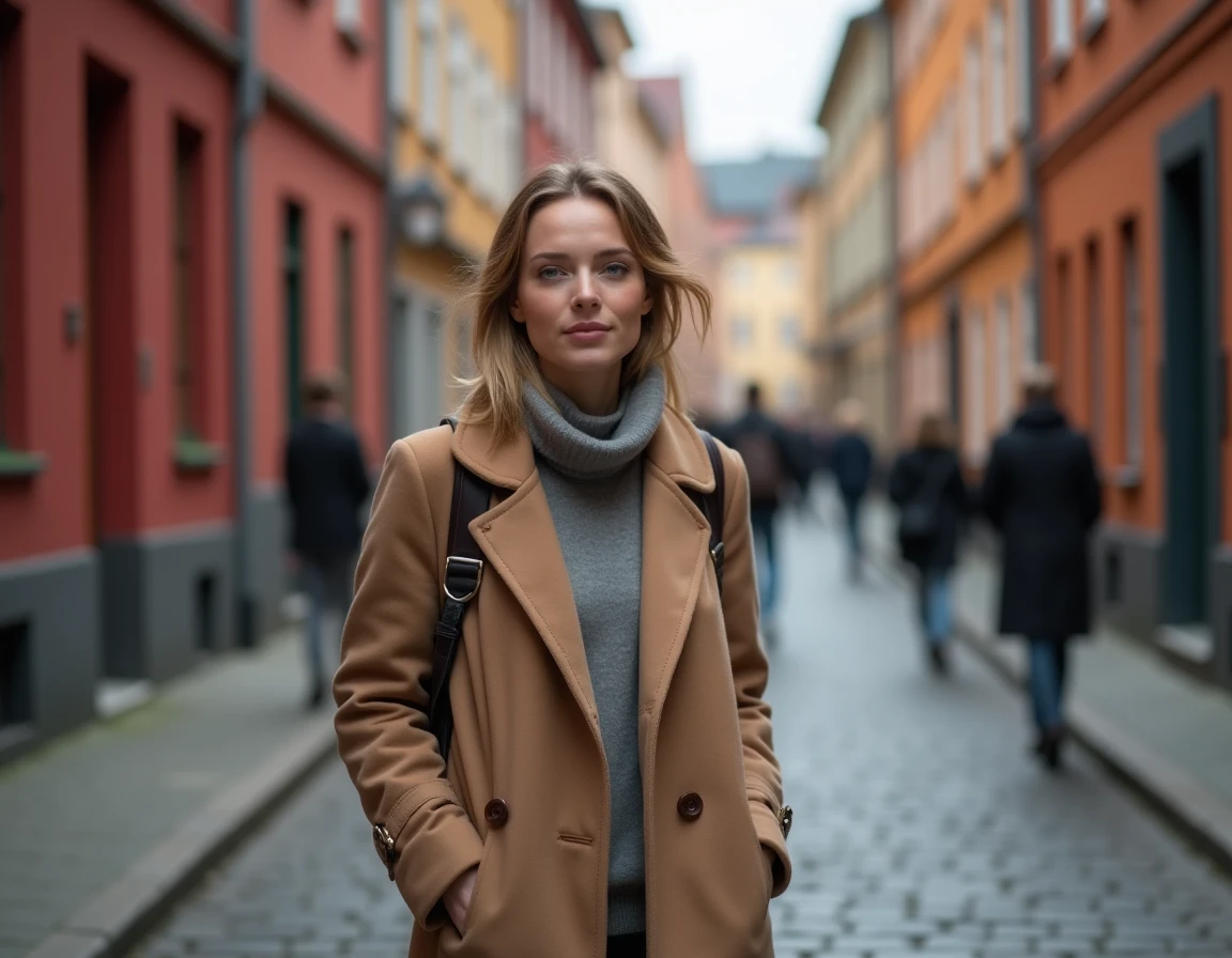 Femme scandinave élégante marchant dans les ruelles historiques de Stockholm en automne