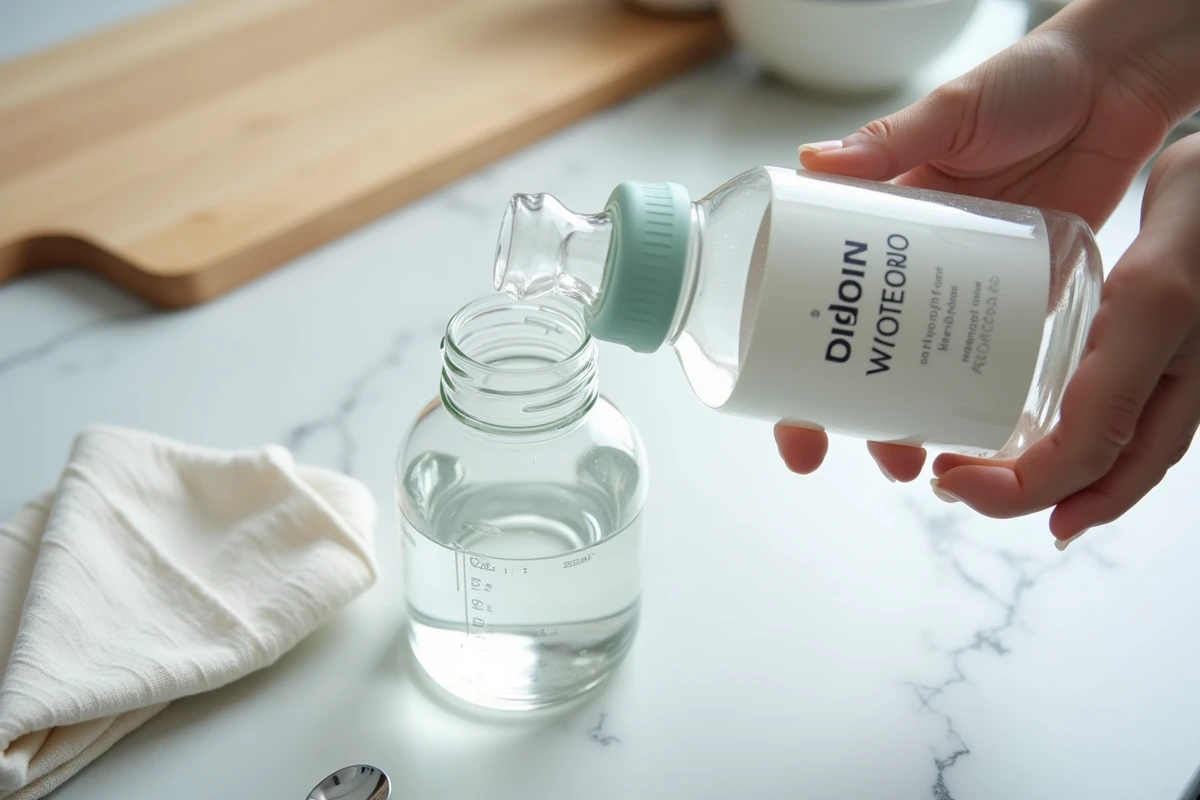 Biberon en verre rempli d'eau minérale Saint Antonin sur un plan de travail en marbre blanc, pour illustrer la préparation d'un biberon adapté à la constipation du bébé