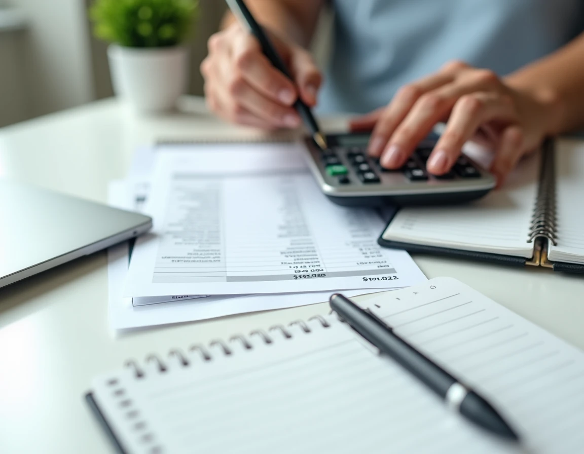 Mains calculant les conséquences financières d'un défaut de remboursement sur un Crédit Flex LCL avec relevé bancaire et calculatrice