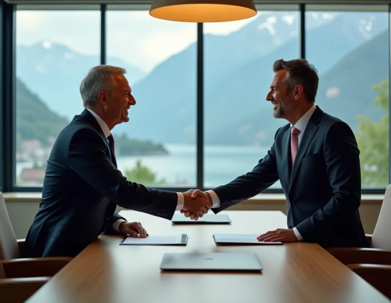 Deux dirigeants d'entreprise se serrant la main lors d'une cession d'entreprise à Annecy avec vue sur les Alpes