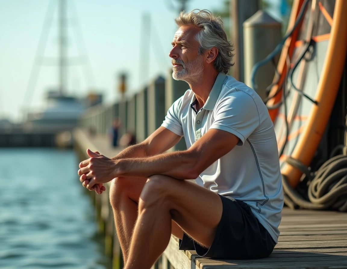Ancien champion de windsurf assis sur un ponton en bois face à l'océan, portrait contemplatif en extérieur