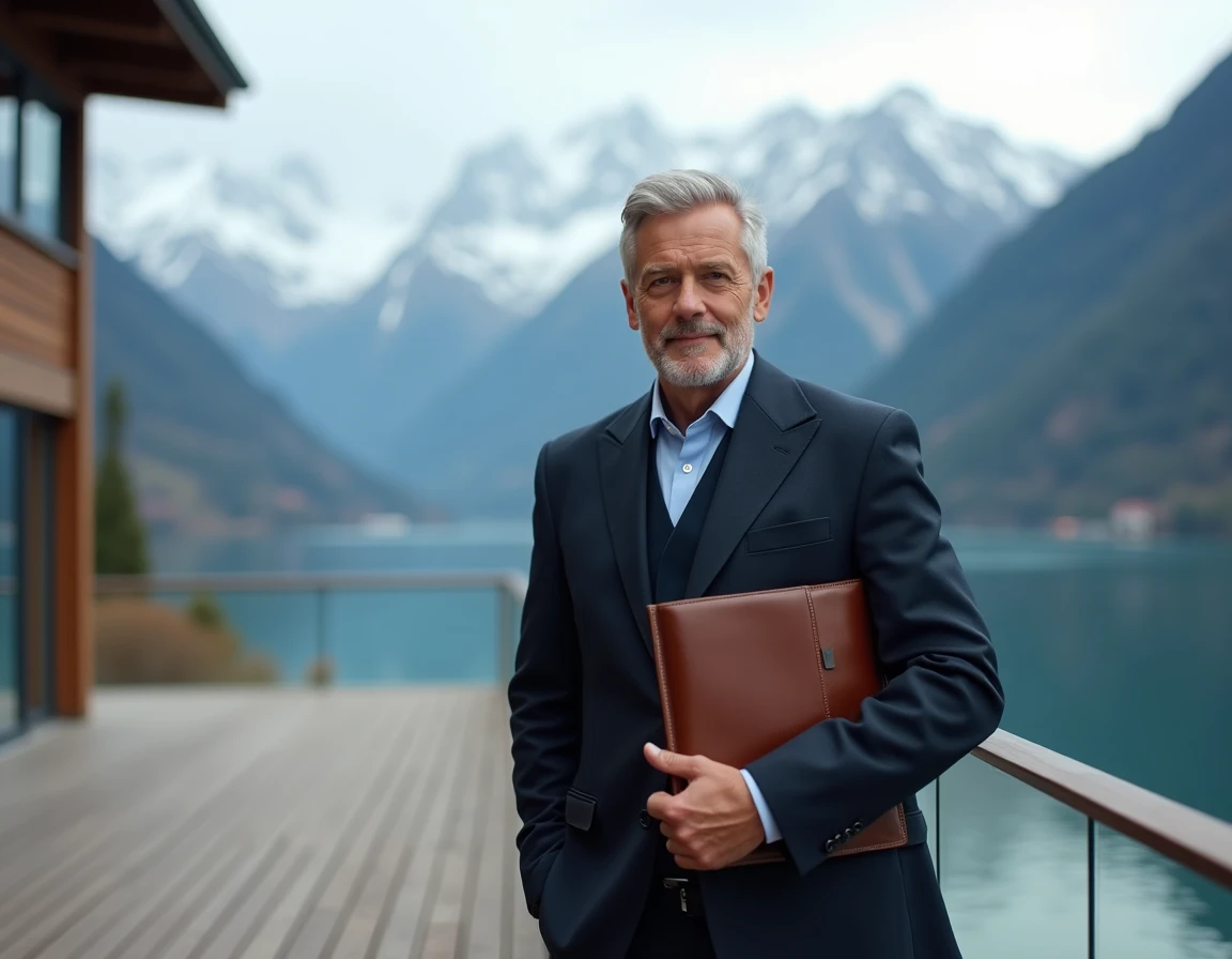 Chef d'entreprise contemplant la cession de sa société sur une terrasse avec vue sur le lac d'Annecy et les Alpes