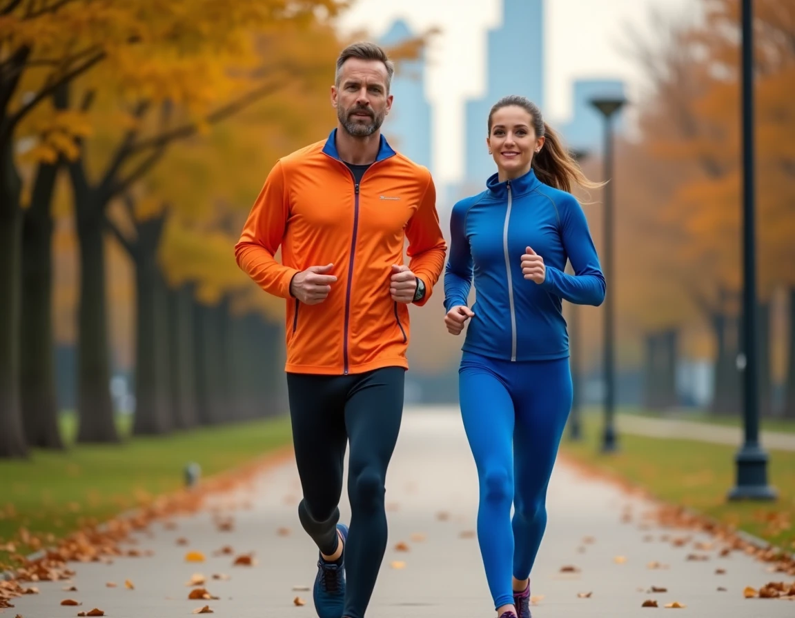 Coach de running accompagnant une coureuse sur un chemin de parc en automne en milieu urbain