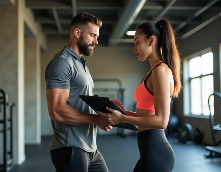 Coach sportif masculin expliquant un plan d'entraînement à une cliente dans une salle de sport moderne