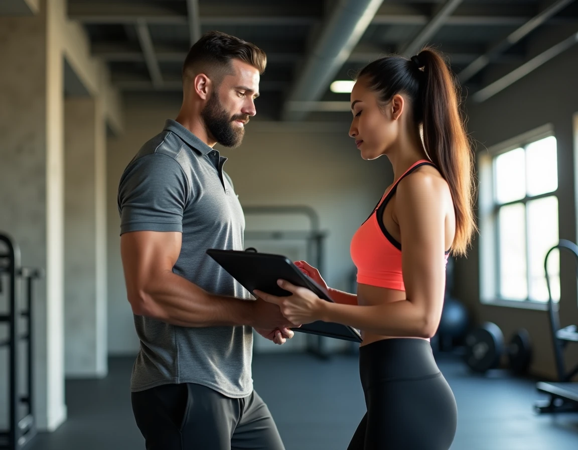 Coach sportif masculin expliquant un plan d'entraînement à une cliente dans une salle de sport moderne
