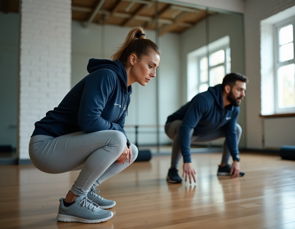 Coach sportive féminine corrigeant la posture d'un client lors d'un exercice de squat en studio