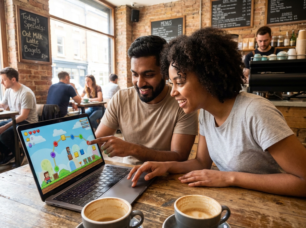 Deux développeurs amateurs collaborant sur la création d'un jeu vidéo sans programmation dans un café