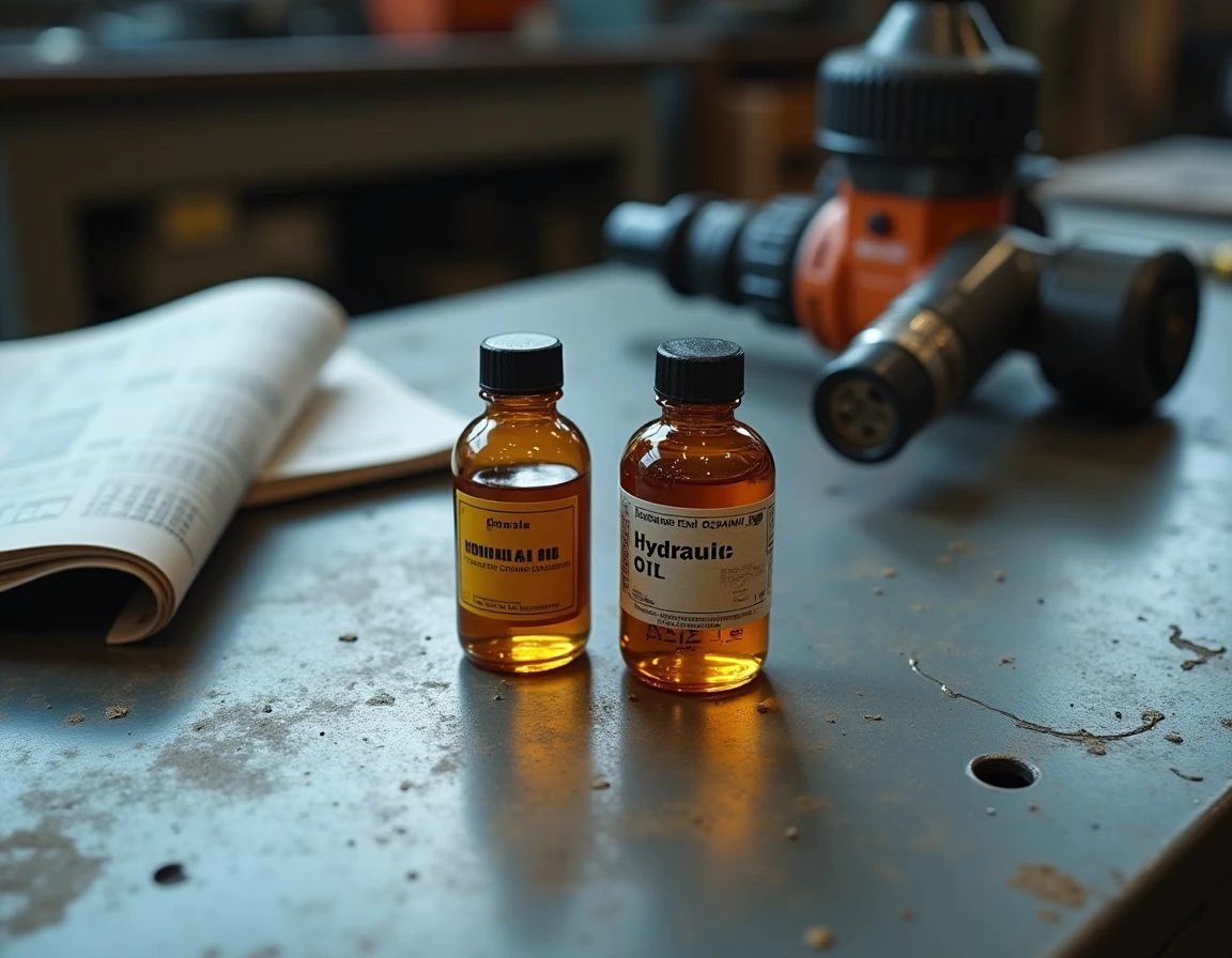Comparaison de bouteilles d'huile pour perforateur Hilti avec fiche technique et pièces de perçage sur établi métallique