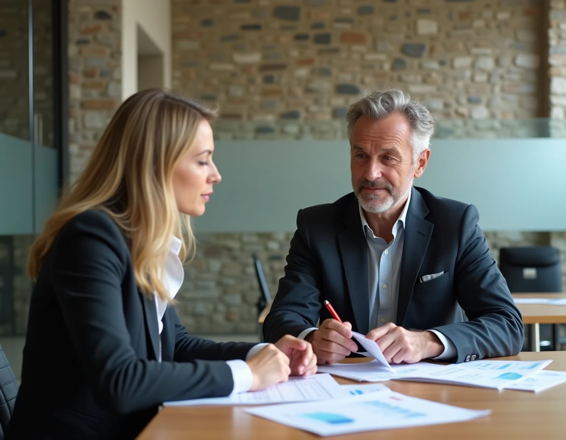 Conseillère en transmission d'entreprise analysant des documents financiers avec un chef d'entreprise à Annecy