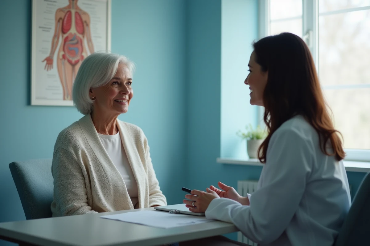 Femme en consultation médicale avec une médecin, représentant l'accès aux soins de santé et le suivi médical préventif