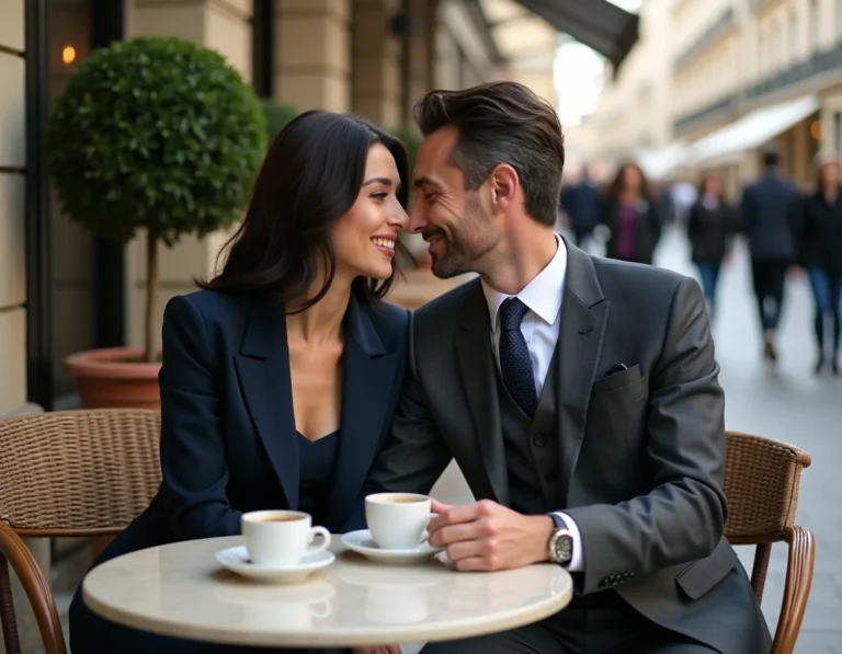 Couple élégant partageant un moment intime en terrasse de café parisien, illustrant une relation publique discrète