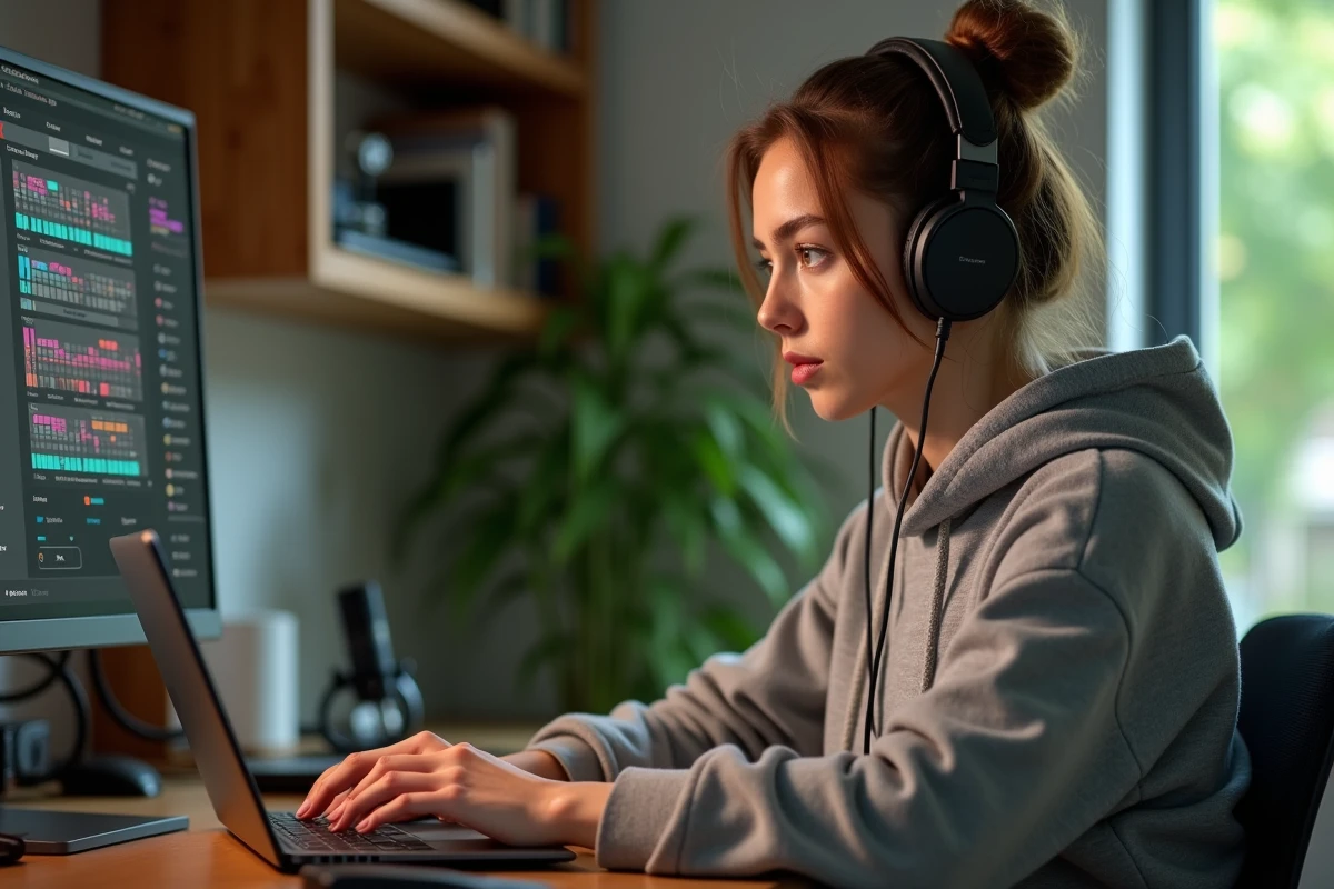 Jeune femme créant des boutons sonores personnalisés sur l'application My Instant depuis son bureau à domicile