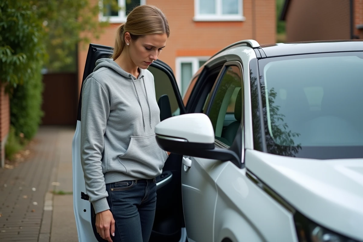 Femme connectant un scanner OBD2 sur un Peugeot 5008 blanc pour diagnostiquer un voyant orange allumé dans une allée résidentielle