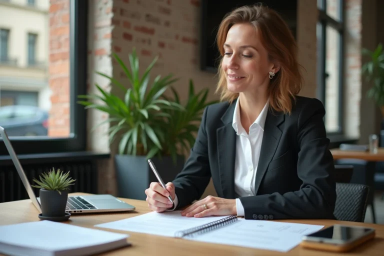Entrepreneuse française examinant des documents de gestion d'entreprise dans un espace de coworking moderne