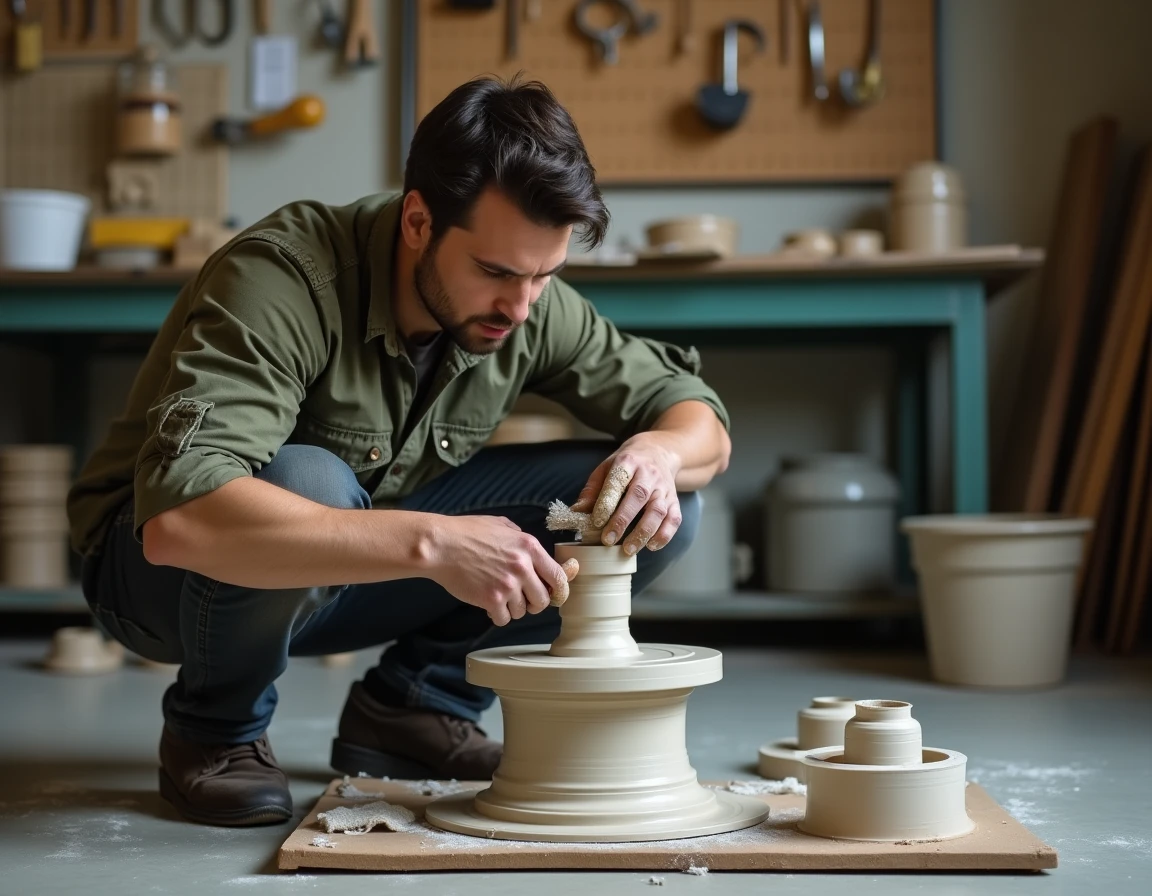 Homme entretenant et lubrifiant les composants mécaniques démontés d'un tour de potier dans un atelier de céramique utilitaire