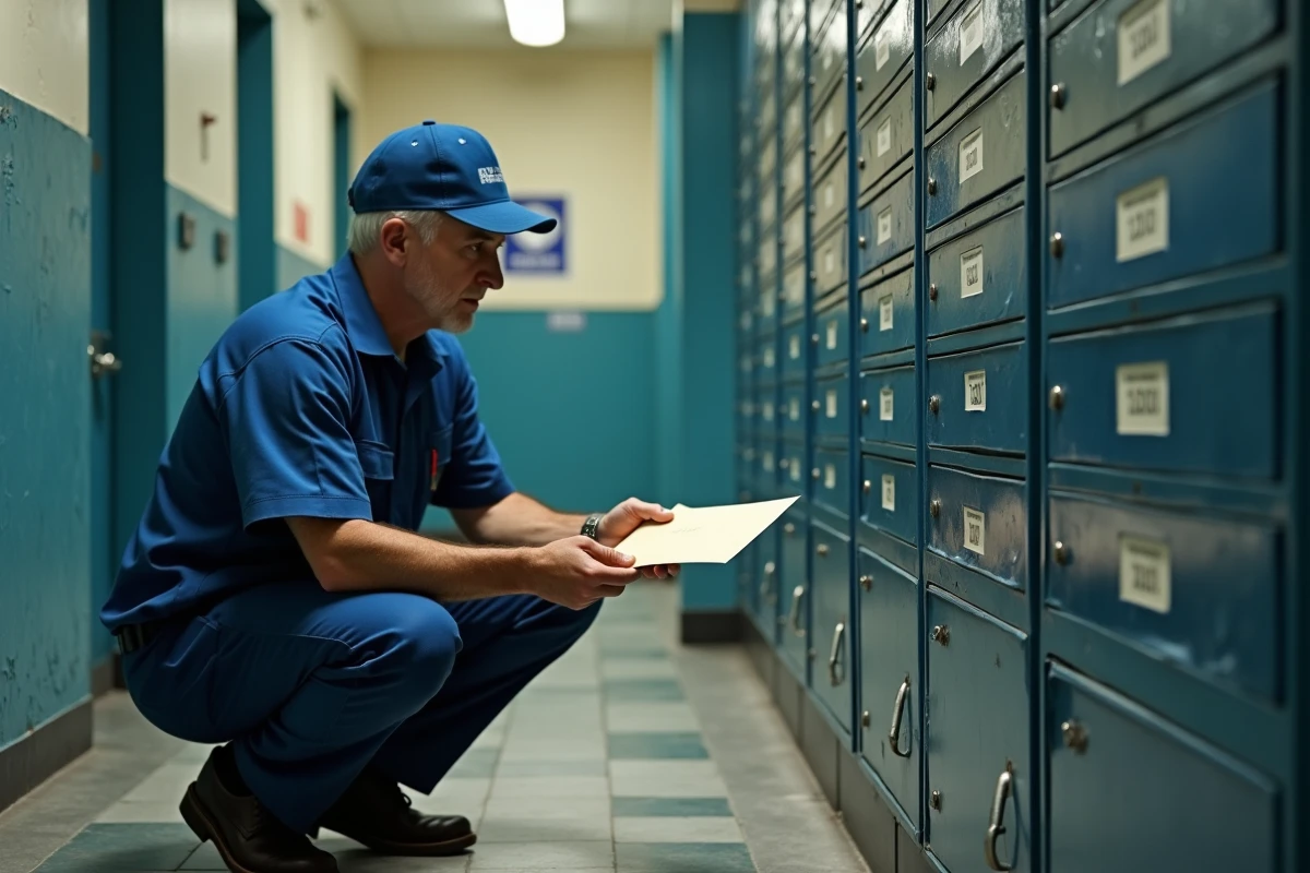 Facteur examinant une lettre mal adressée devant des boîtes aux lettres dans un couloir d'immeuble résidentiel