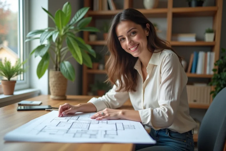Femme souriante en bureau moderne avec plans architecturaux