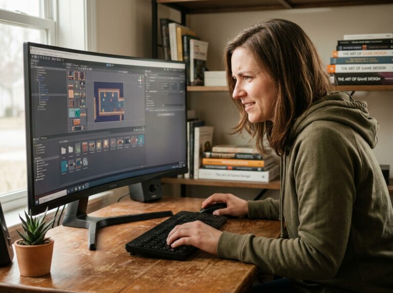 Femme développant un jeu vidéo sans coder grâce à un logiciel de création visuelle sur ordinateur