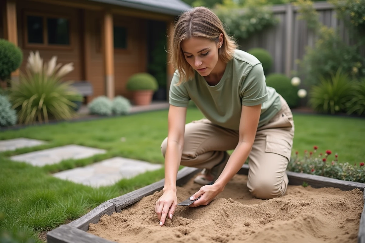 Femme étalant du sable dans un massif de jardin avec une truelle, aménagement paysager à petit budget