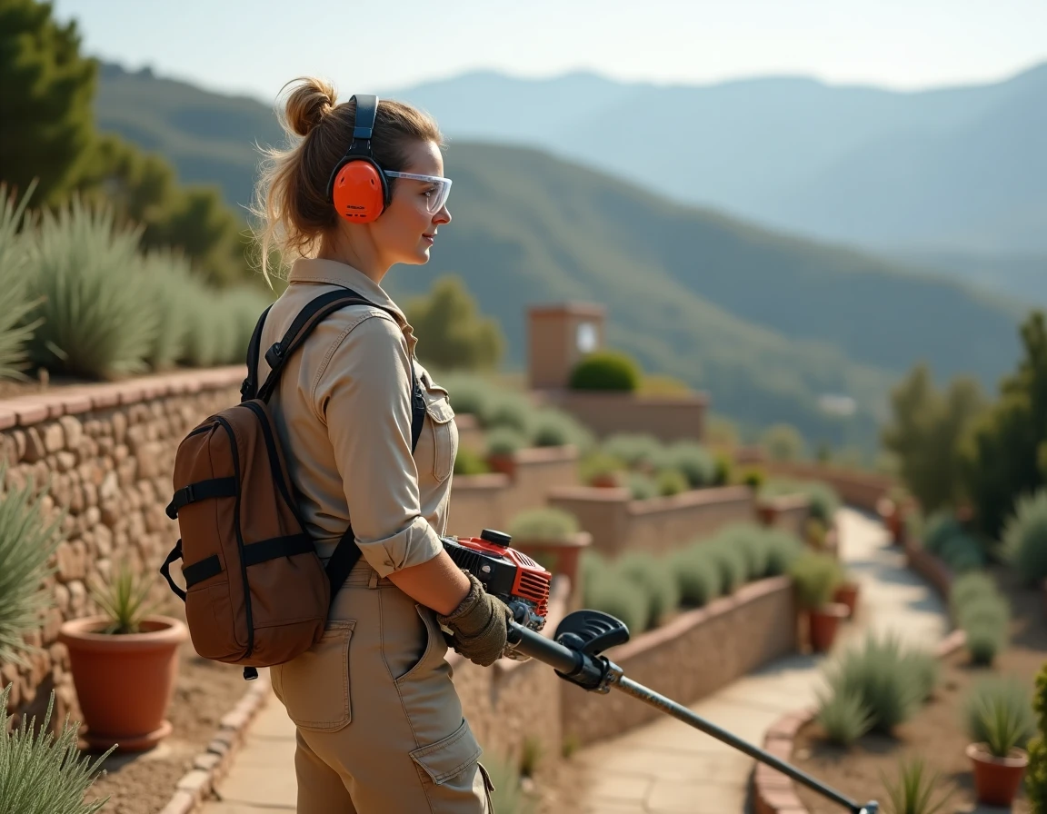 Femme inspectant sa débroussailleuse thermique dans un jardin en terrasse de style méditerranéen