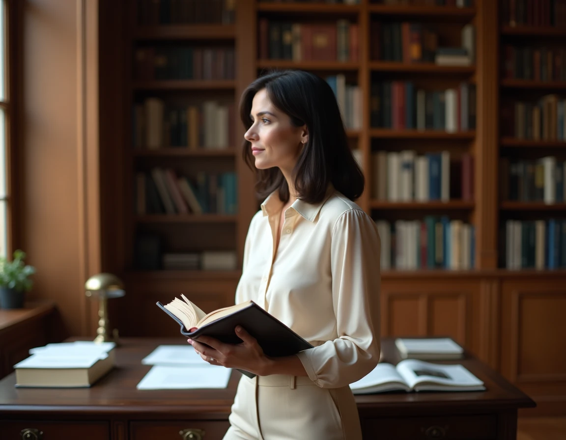 Femme journaliste dans une bibliothèque personnelle élégante, portrait éditorial sobre et professionnel