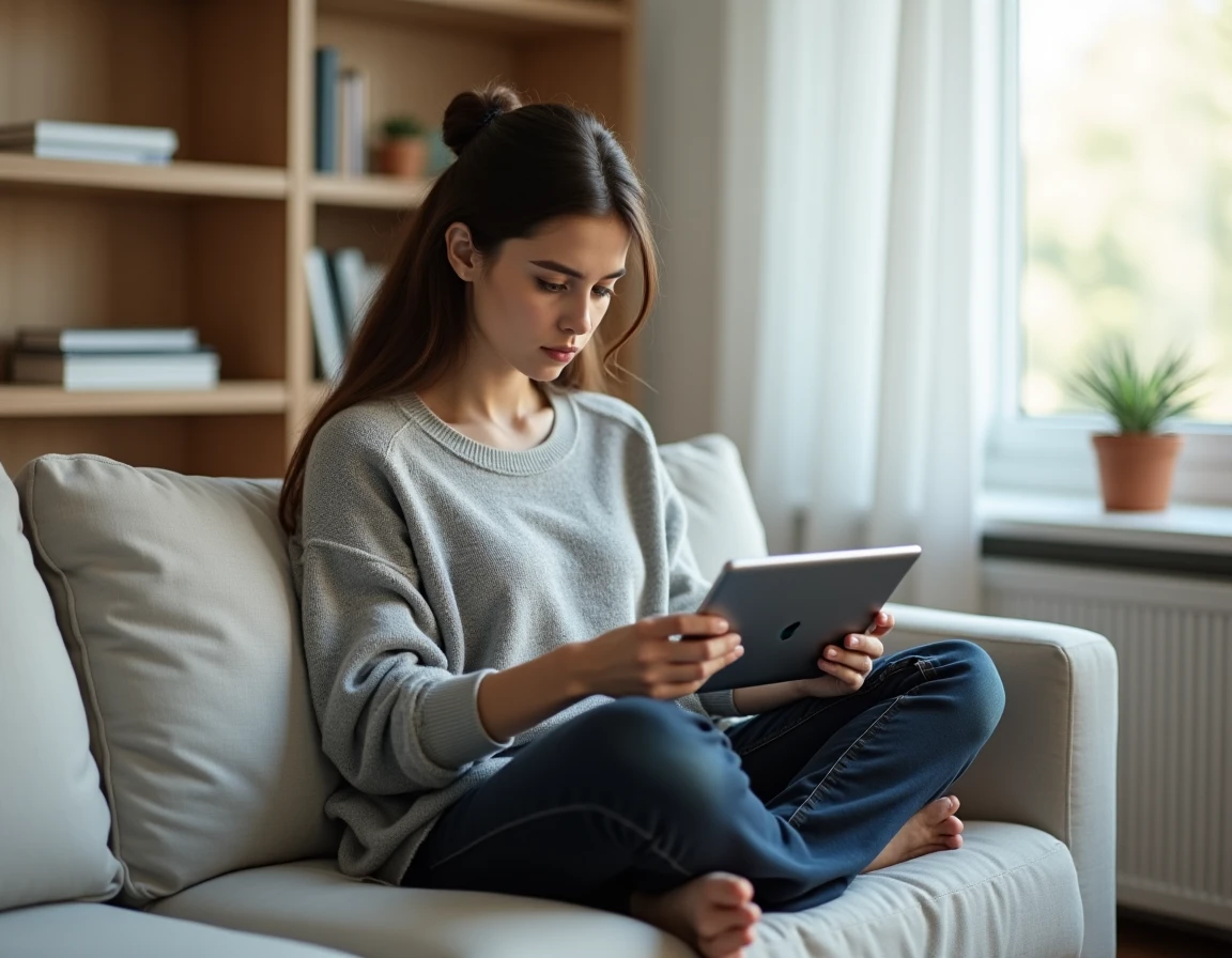 Jeune femme lisant les dernières informations en temps réel sur une tablette numérique dans un salon moderne et minimaliste