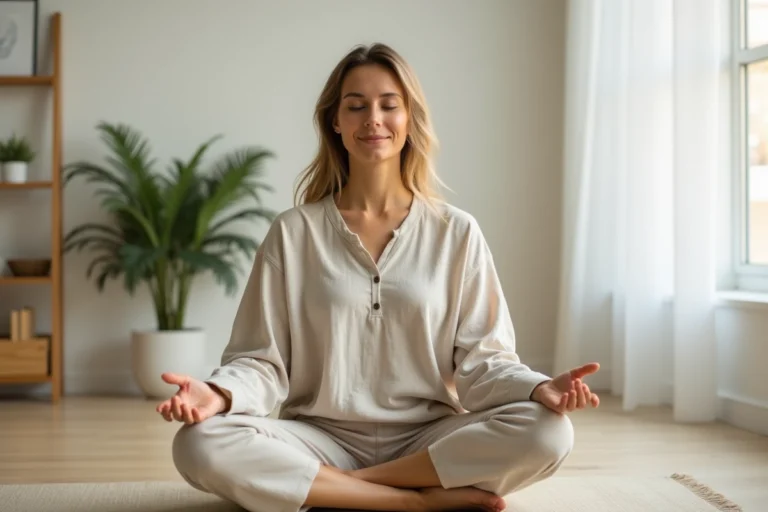 Femme pratiquant la méditation sur un tapis de yoga dans un studio minimaliste, illustrant le bien-être et la pleine conscience