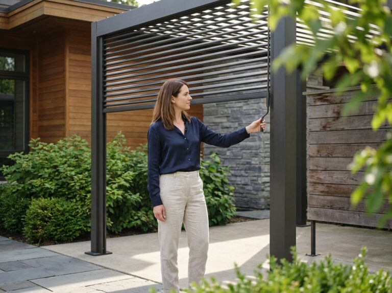 Femme élégante ajustant une pergola moderne en extérieur