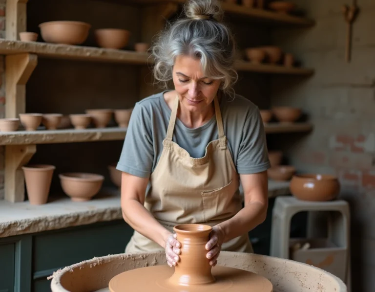 Potière expérimentée centrant de l'argile sur un tour de potier dans un atelier rustique avec des étagères en bois et des murs en briques