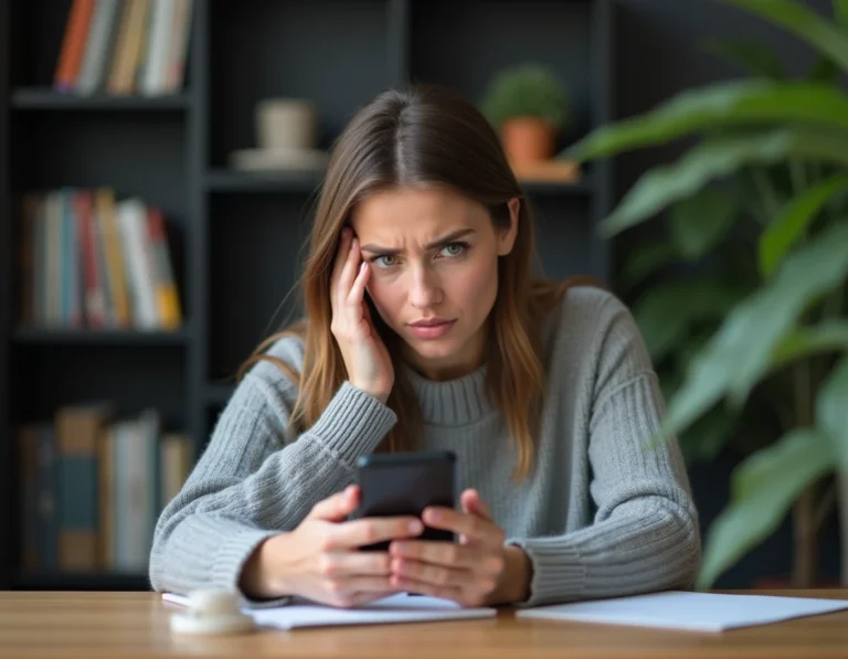 Femme perplexe tenant son smartphone et tentant d'activer la recherche vocale désactivée dans un bureau à domicile