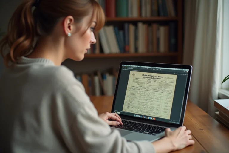 Femme assise à son bureau à la maison avec un document civil ancien