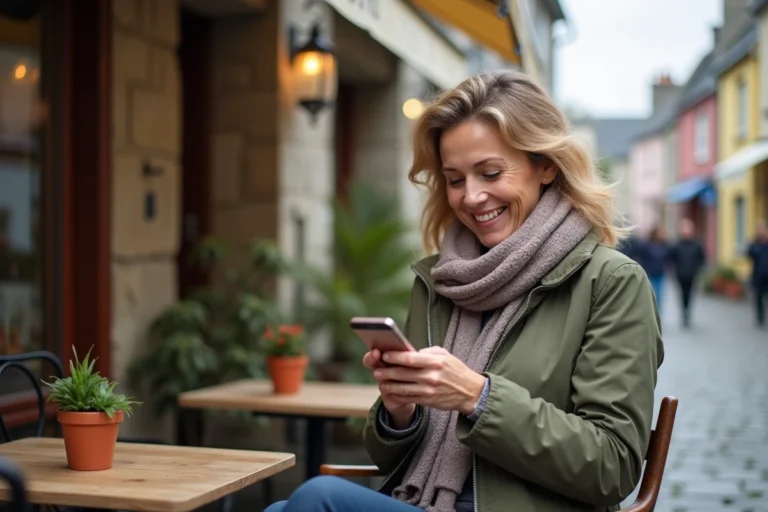 Femme bretonne souriante vérifiant annonces sur smartphone