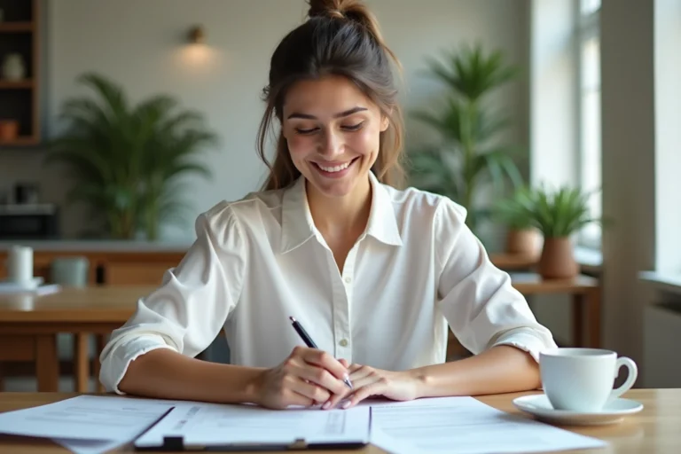 Femme souriante examinant des documents dans un appartement lumineux