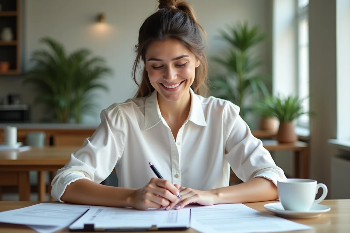 Femme souriante examinant des documents dans un appartement lumineux