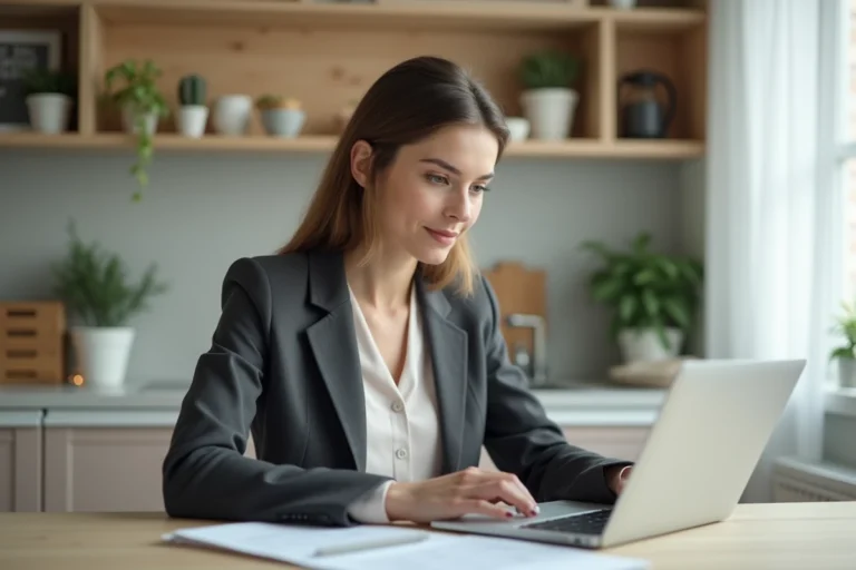Jeune femme professionnelle travaillant sur des documents immobiliers