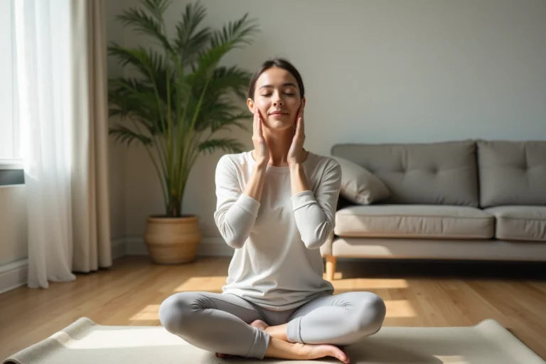 Femme pratiquant le yoga du visage dans un intérieur lumineux