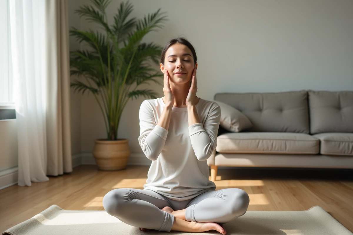 Femme pratiquant le yoga du visage dans un intérieur lumineux
