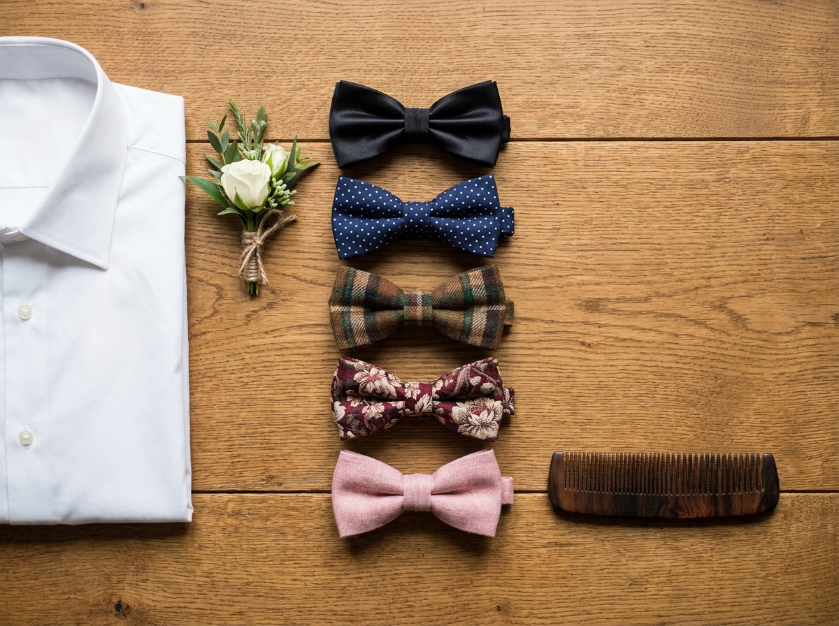 Flat lay de cinq nœuds papillons variés en différents tissus et motifs disposés sur une table en chêne avec une chemise blanche