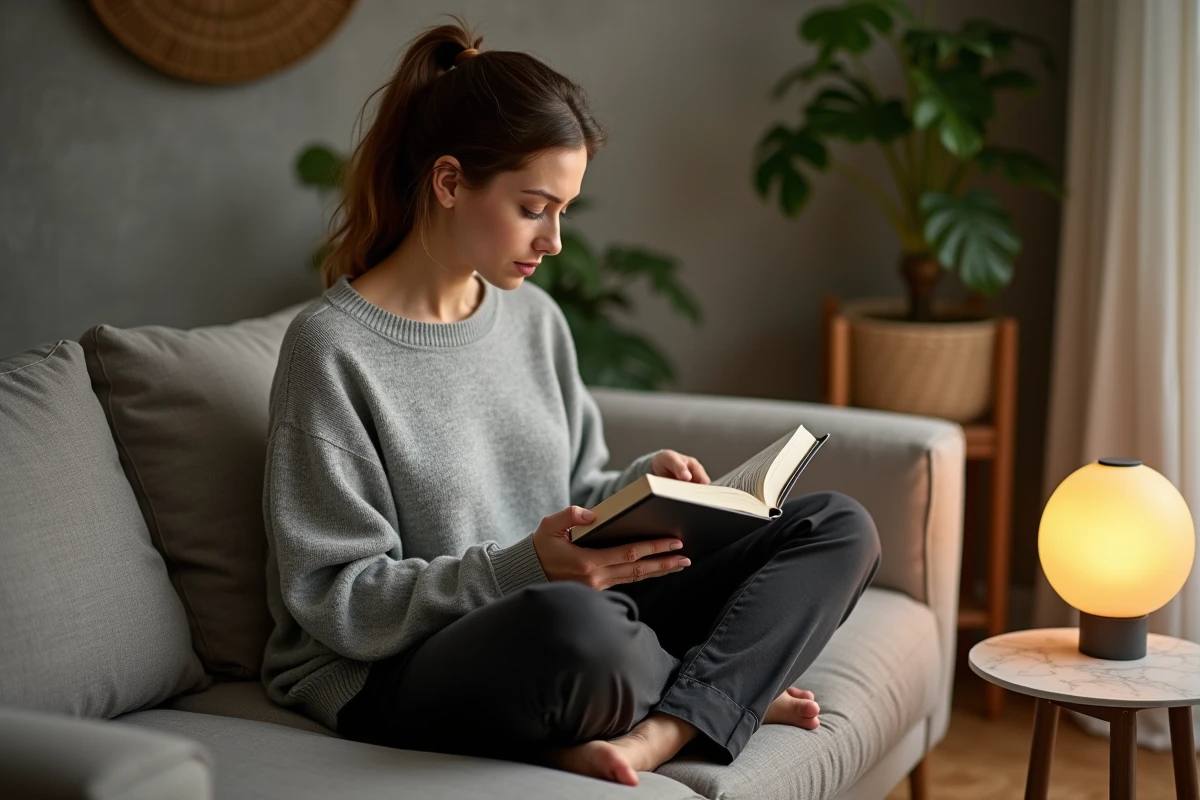 Femme détendue lisant un livre à côté d'une lampe d'ambiance Foyerlumina dans un appartement cosy et moderne