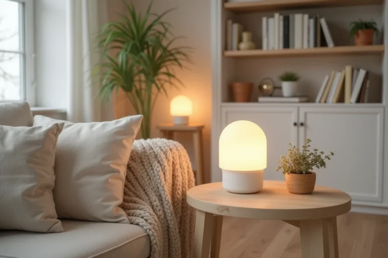 Lampe Foyerlumina posée sur une table en bois dans un salon chaleureux et apaisant avec des coussins en lin et un parquet clair