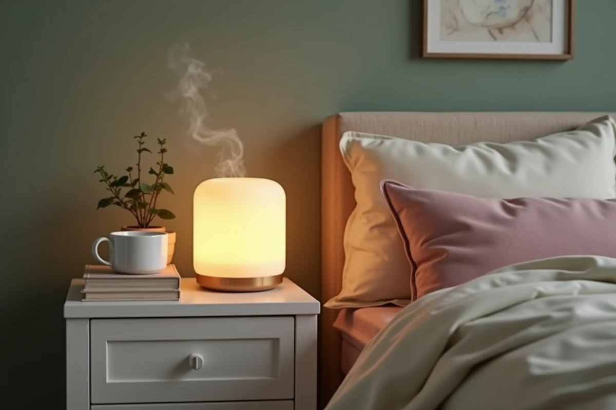 Table de chevet avec lampe Foyerlumina, tasse fumante et plante succulente dans une chambre décorée avec soin