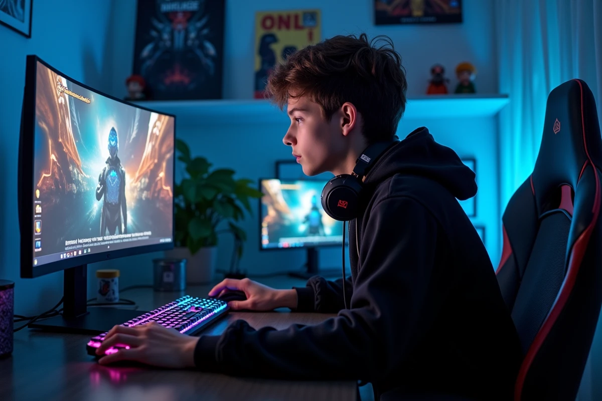 Adolescent configurant des boutons sonores personnalisés sur My Instant dans une chambre de gamer équipée