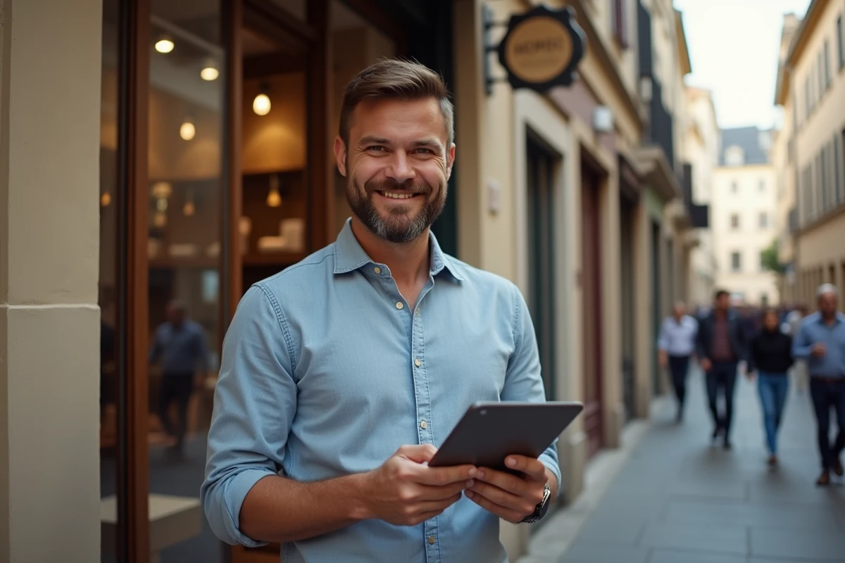 Chef d'une PME française devant sa boutique tenant une tablette avec tableau de bord de gestion