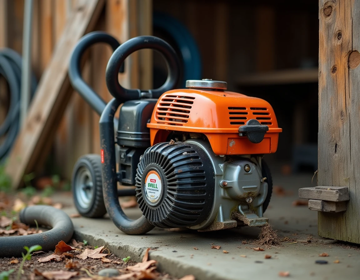 Gros plan sur le moteur et la lame d'une débroussailleuse thermique professionnelle appuyée contre un abri de jardin