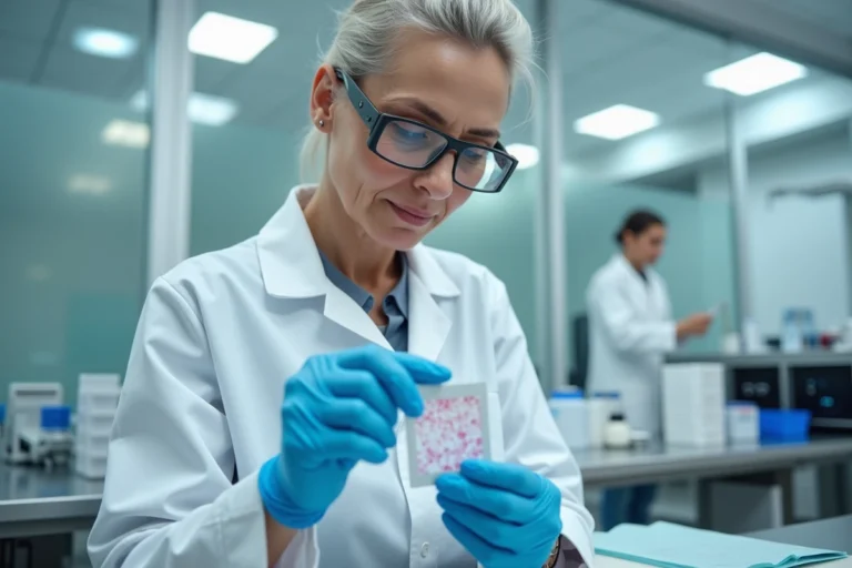 Hématologue examinant une lame au microscope dans un laboratoire médical pour analyser une granulocytose
